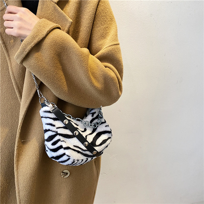 Purselly Leopard Pattern Plush Bag Personality Diagonal Women Bag Chain Bag Bag Shoulder