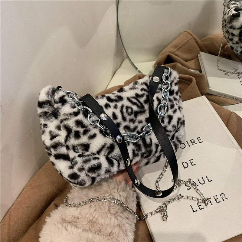 Purselly Leopard Pattern Plush Bag Personality Diagonal Women Bag Chain Bag Bag Shoulder